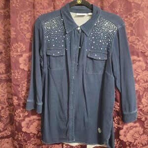 Denim & Co Chambray Sparke Ladies Long Sleeve Button Down Blouse Size Med